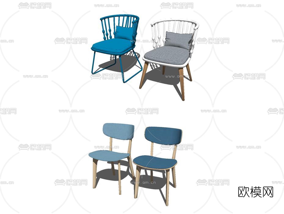 北欧原木单椅组合su模型下载