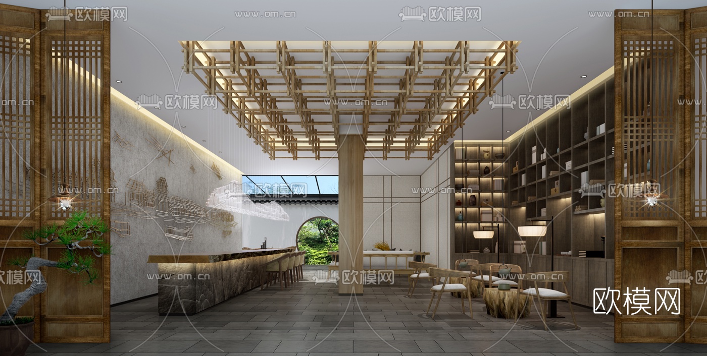 新中式民宿酒店大堂3d模型