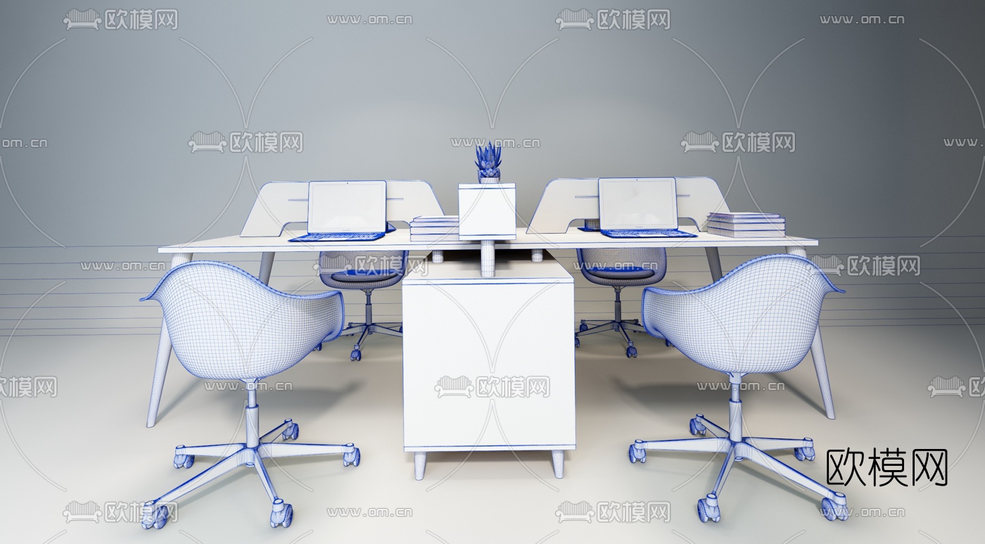 北欧实木卡位办公桌椅3d模型下载（渲染图5）