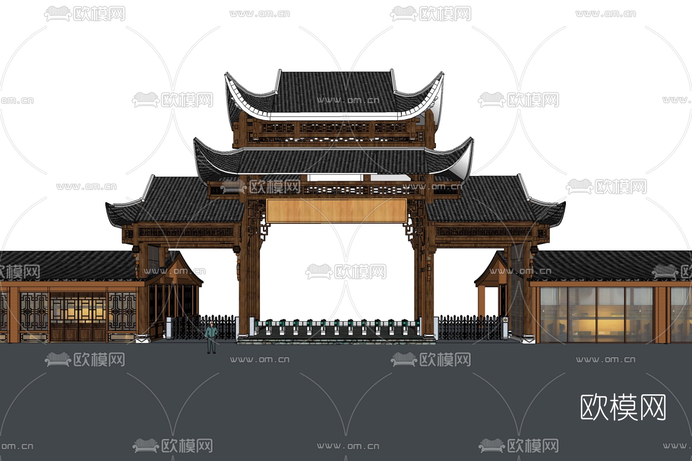 中式公园大门入口免费su模型下载