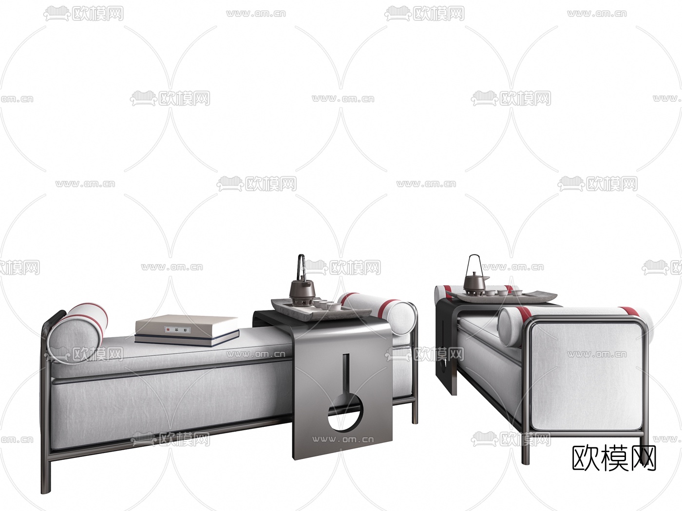 新中式床尾凳脚踏组合3d模型下载（渲染图2）