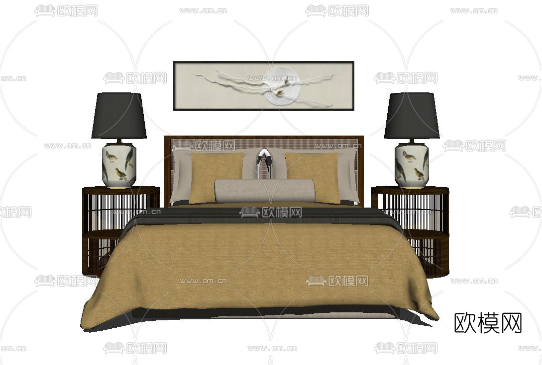 新中式布艺双人床su模型下载