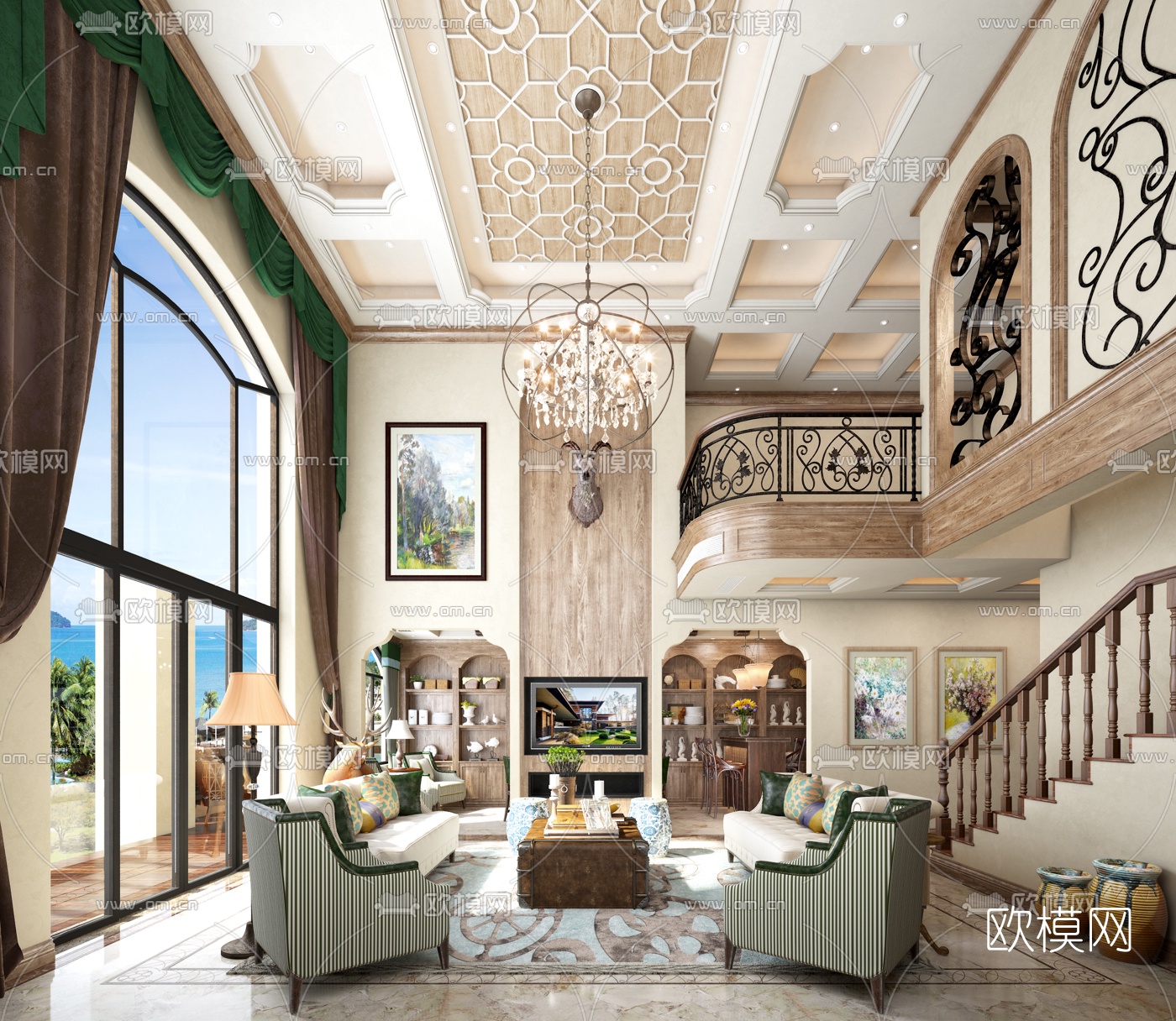 美式挑高别墅客厅餐厅3d模型下载（渲染图1）