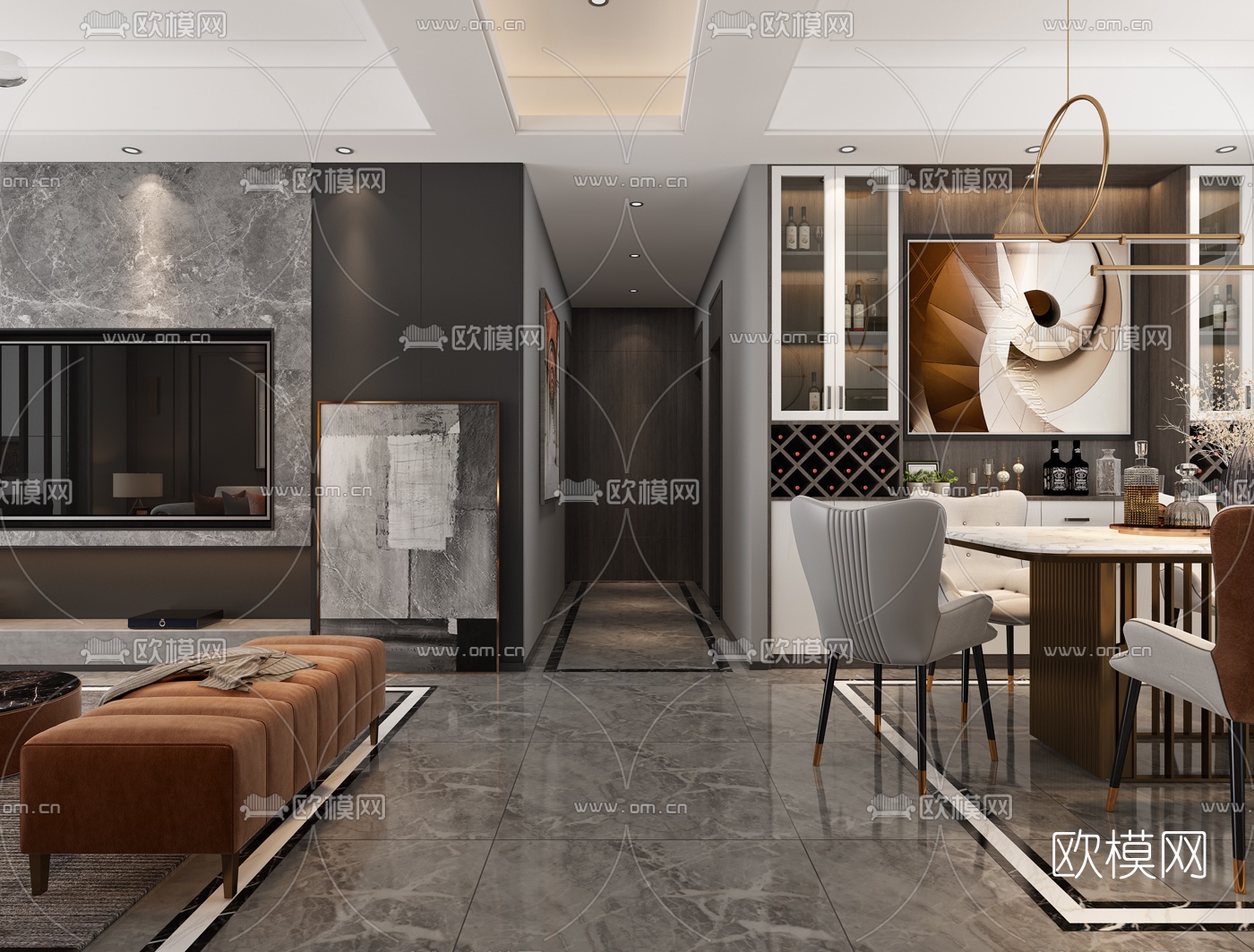 现代轻奢客厅餐厅3d模型下载（渲染图4）