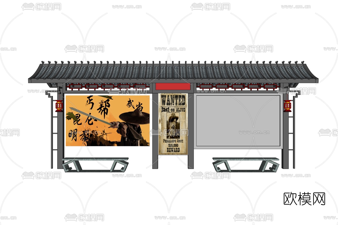 新中式公交站免费su模型下载