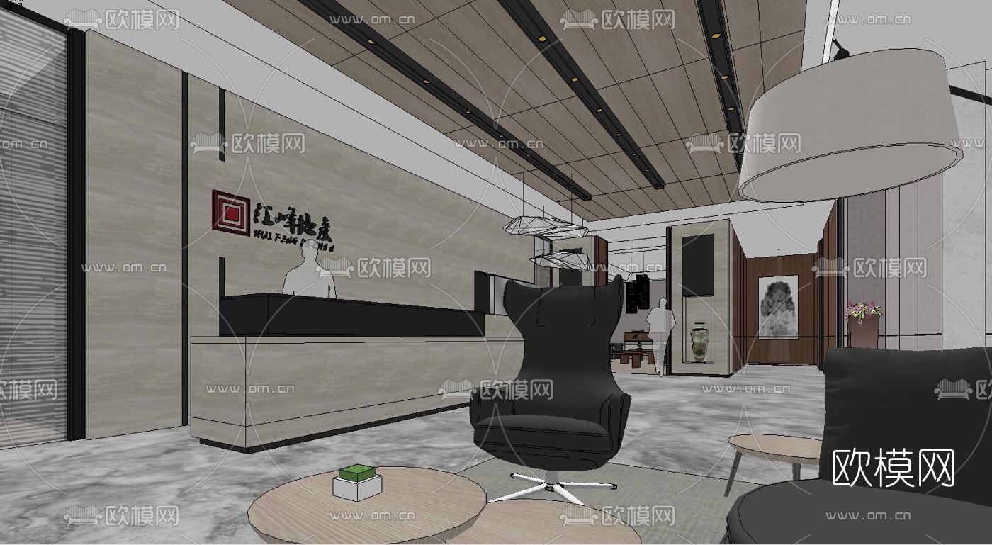 新中式办公前台su模型下载（渲染图1）