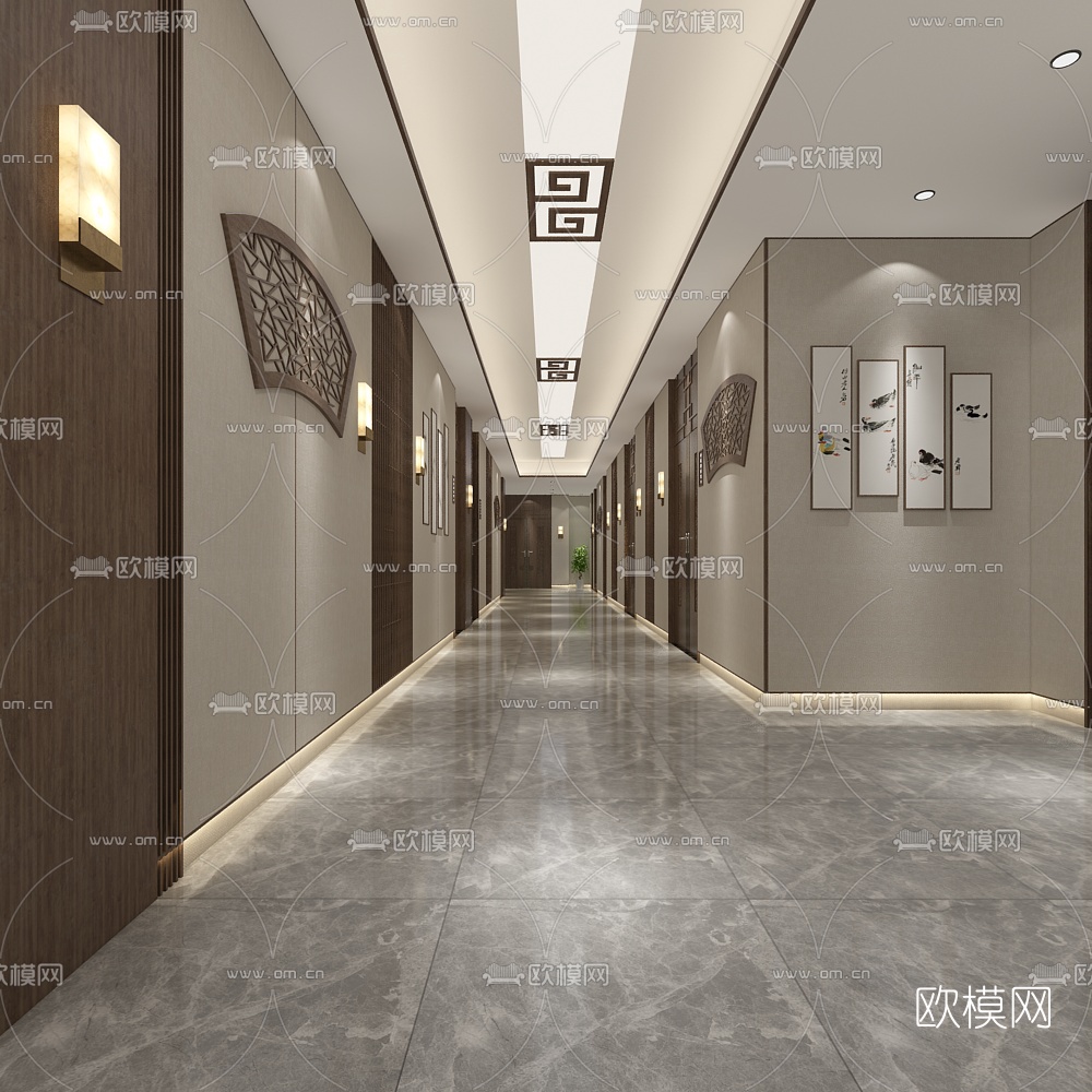 新中式医院走廊过道免费3d模型
