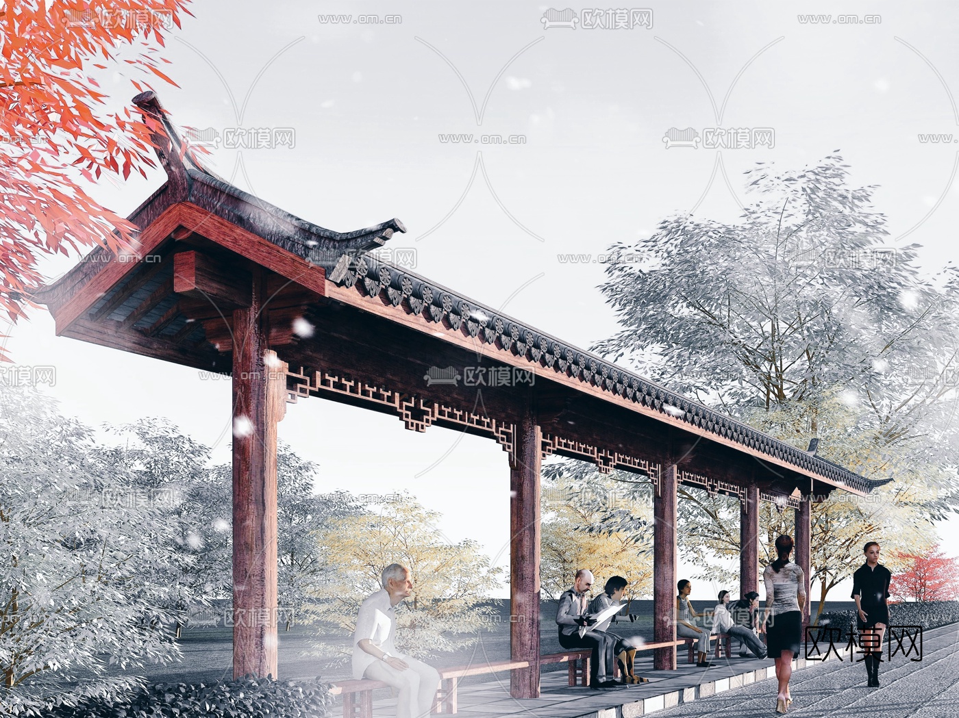 中式候车亭外观3d模型下载