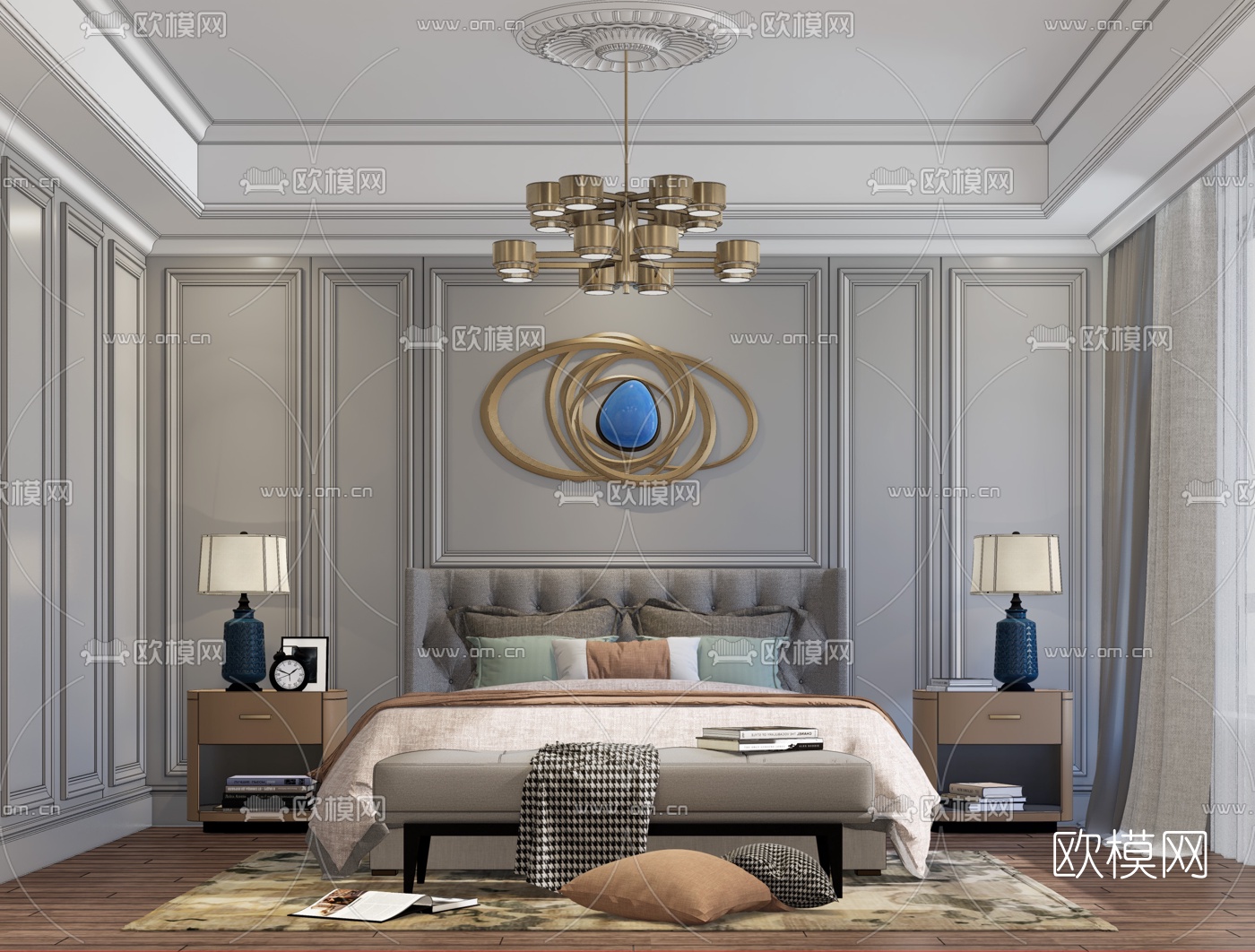 美式轻奢卧室su模型下载（渲染图2）