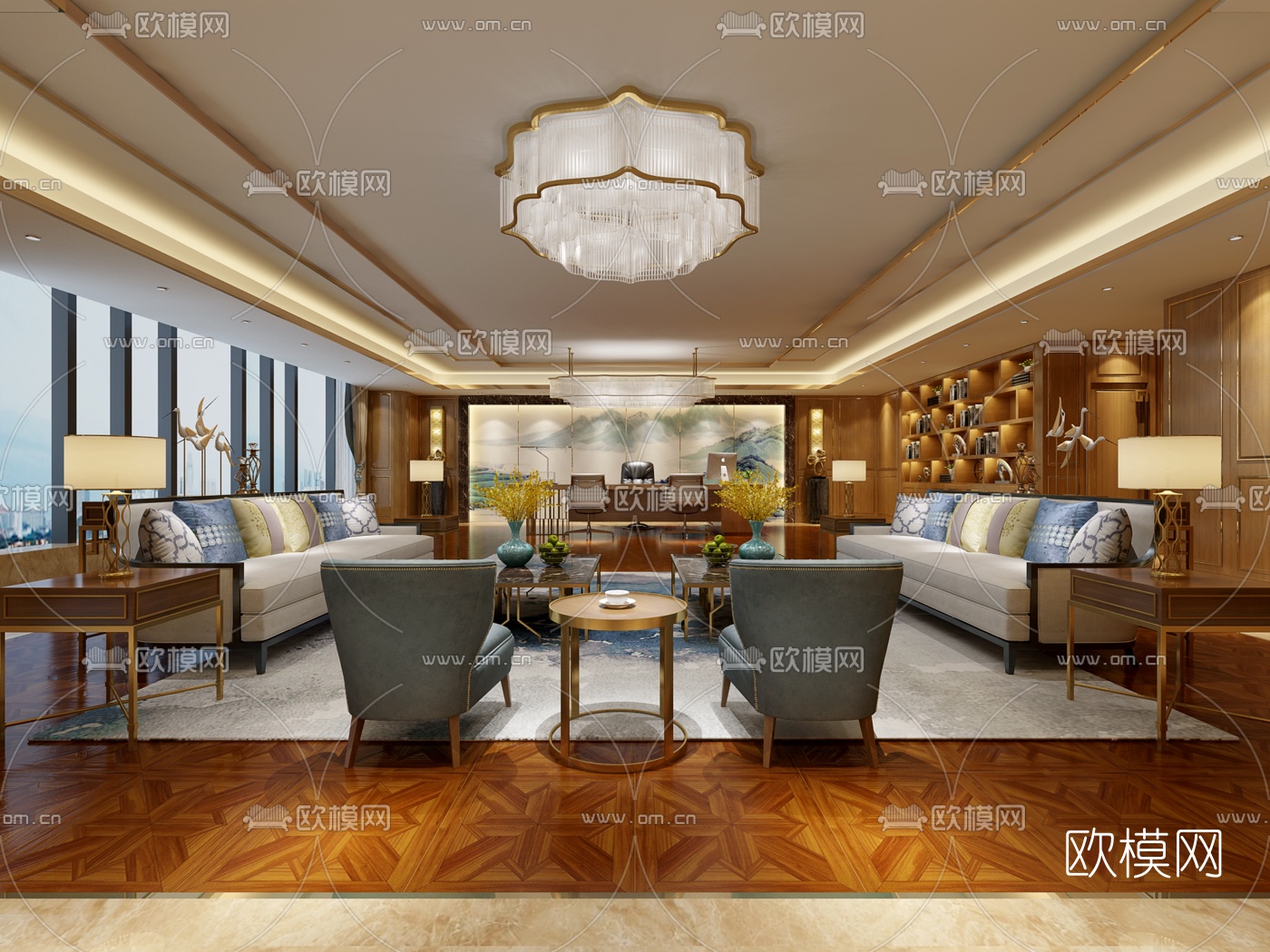 新中式总经理办公室免费3d模型-免费3dmax模型库-欧模网