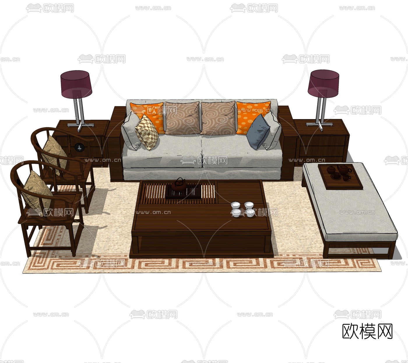 中式实木沙发组合免费su模型下载