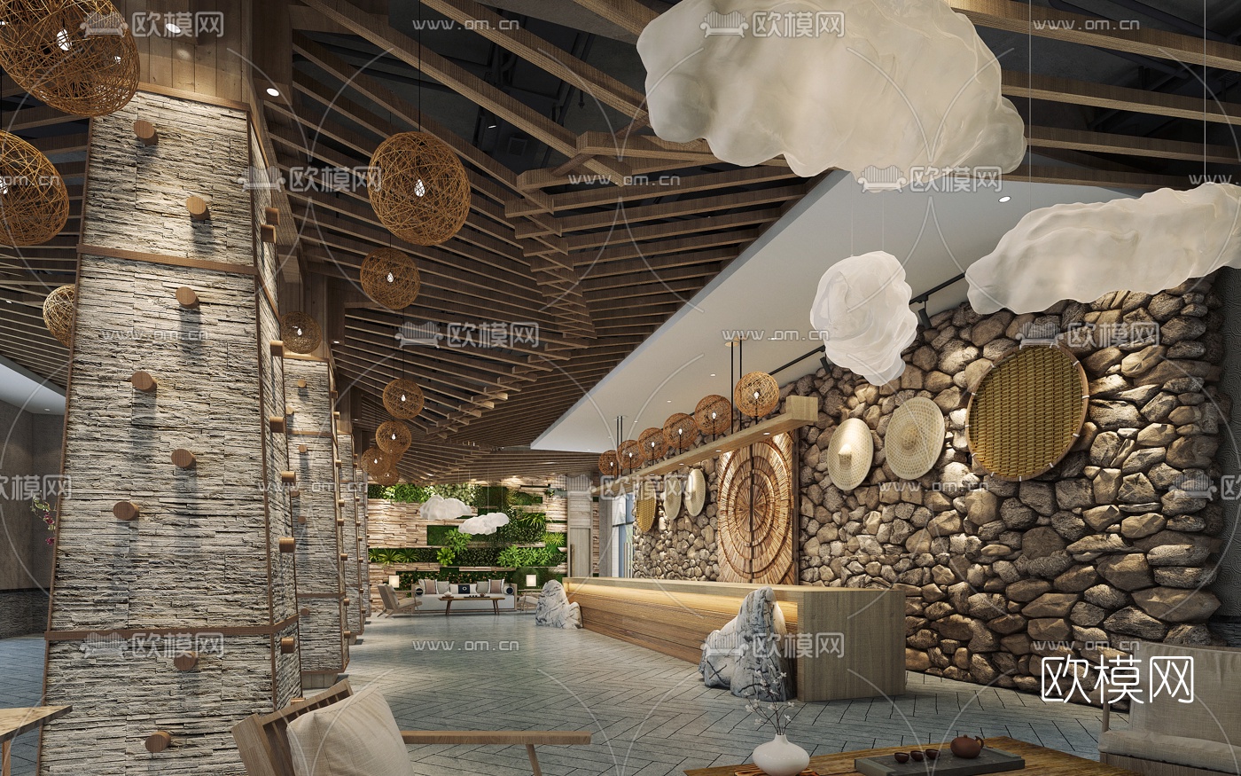 自然风酒店大堂3d模型下载（渲染图1）