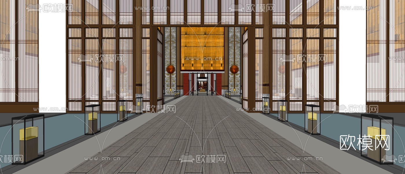 新中式酒店大堂su模型