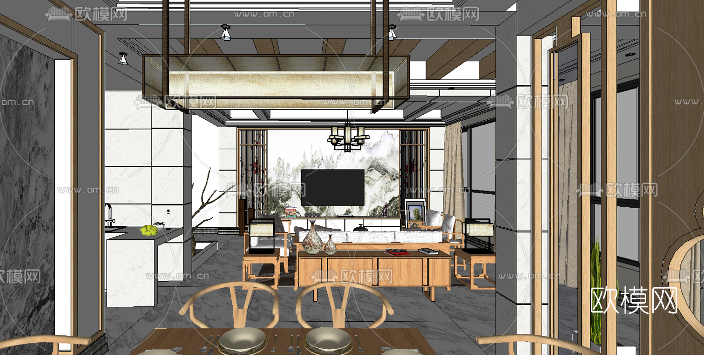 新中式客厅餐厅su模型