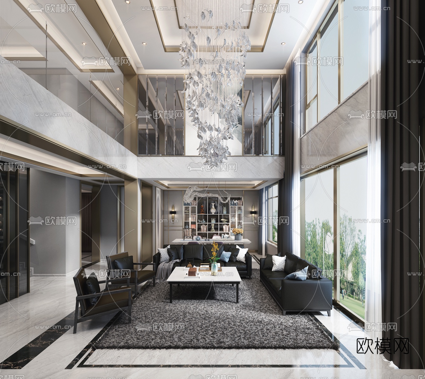现代轻奢别墅客厅餐厅3d模型