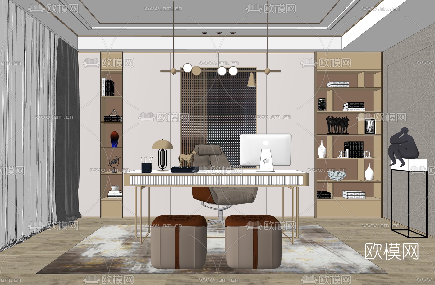 现代轻奢书房su模型下载（渲染图2）
