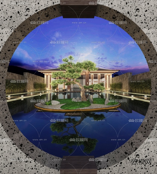 新中式夜景售楼处3d模型下载(渲染图2)
