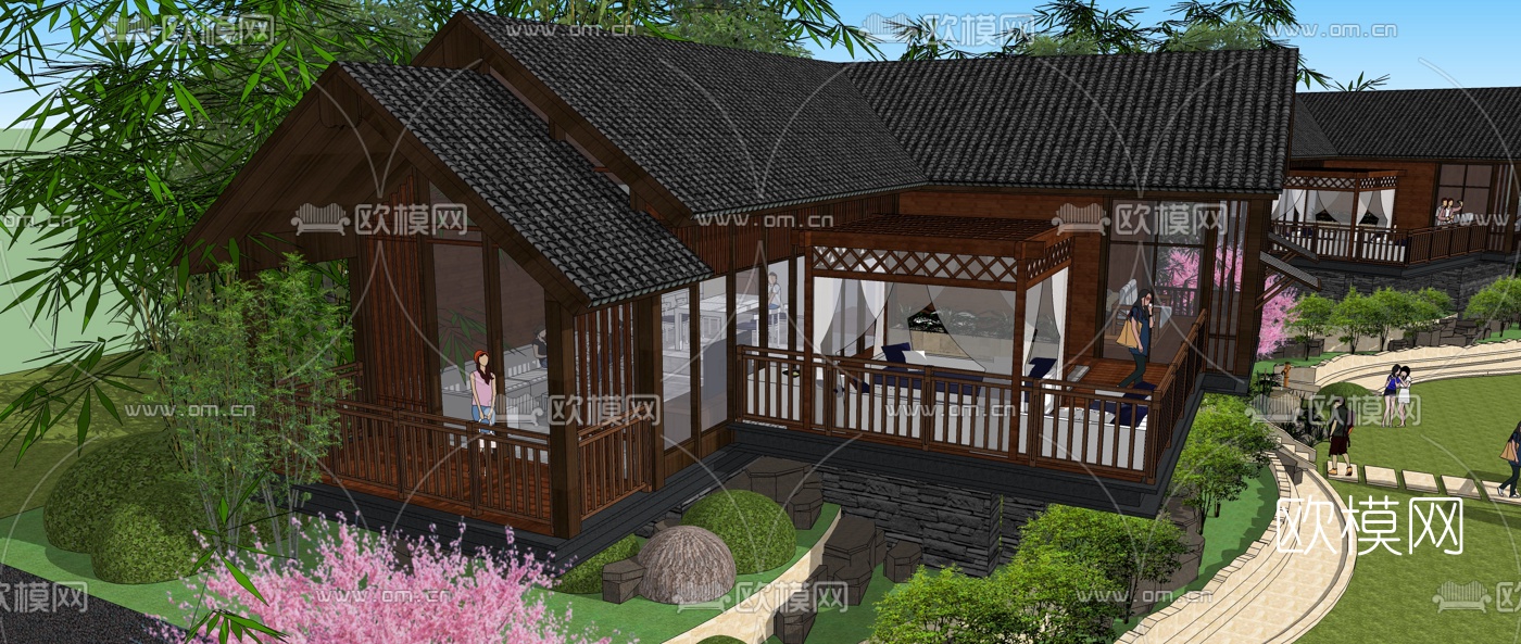 自然风斜屋顶民宿su模型下载（渲染图4）