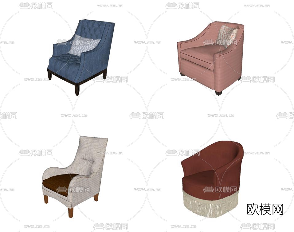 欧式布艺单人沙发su模型下载