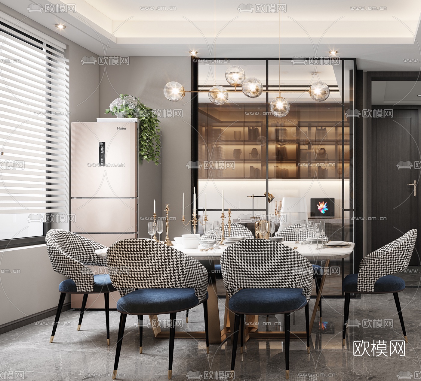 现代轻奢客厅餐厅3d模型