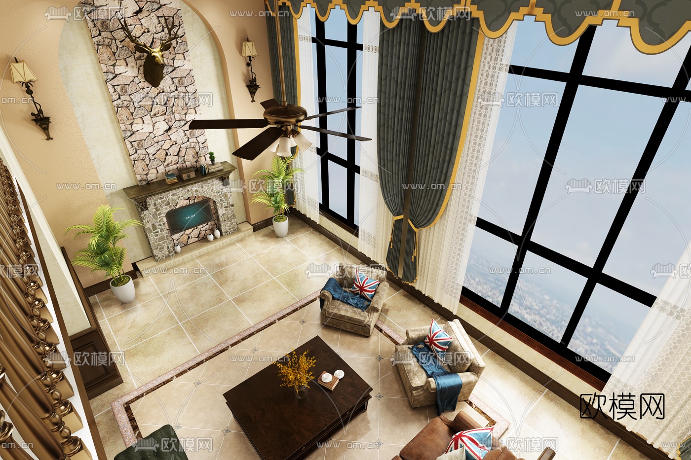 美式别墅客厅免费3d模型下载（渲染图3）