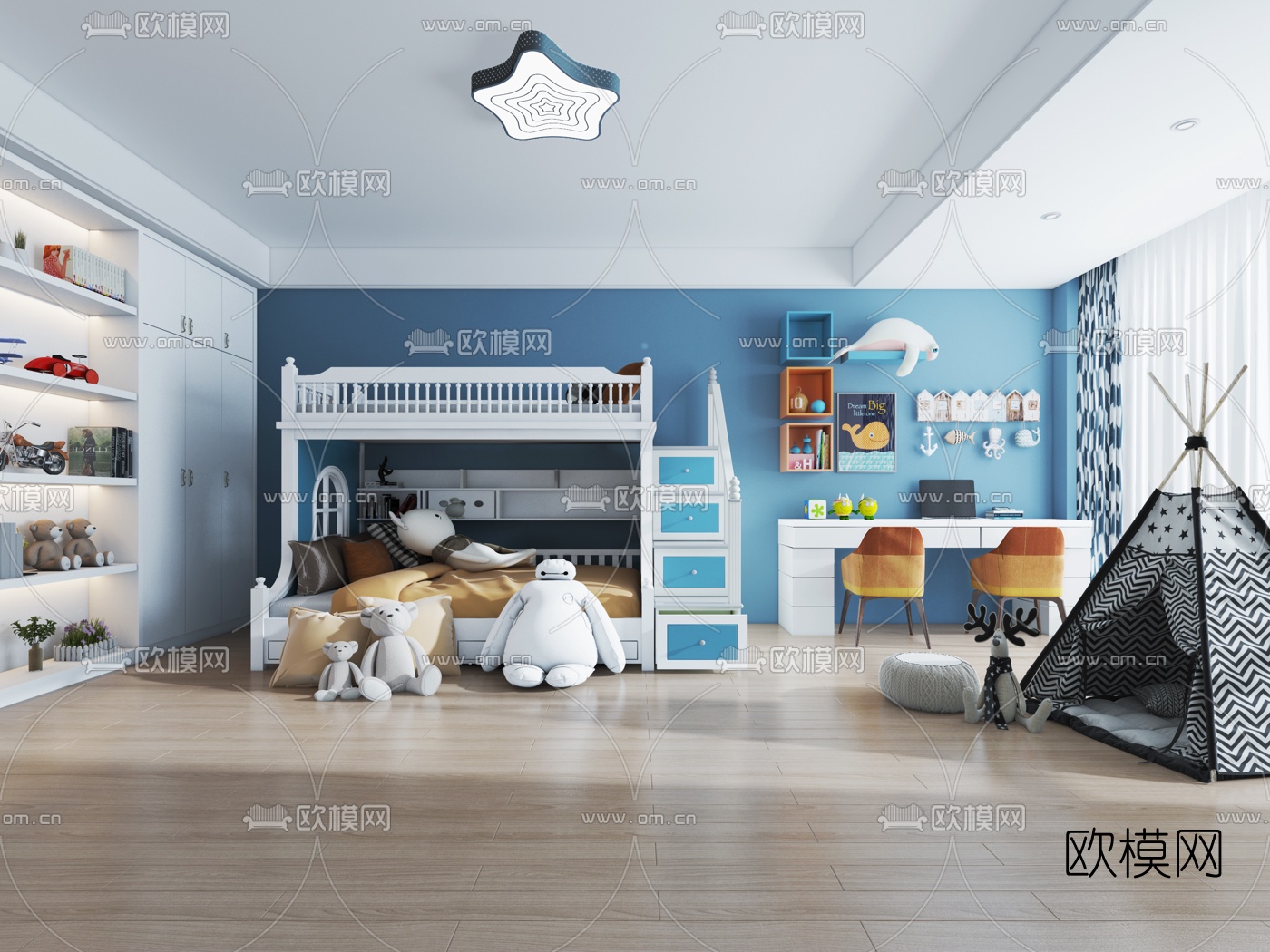 现代上下铺儿童房3d模型