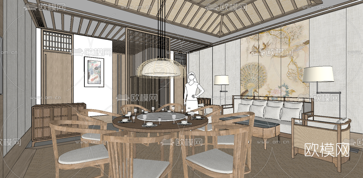 新中式餐厅包间su模型