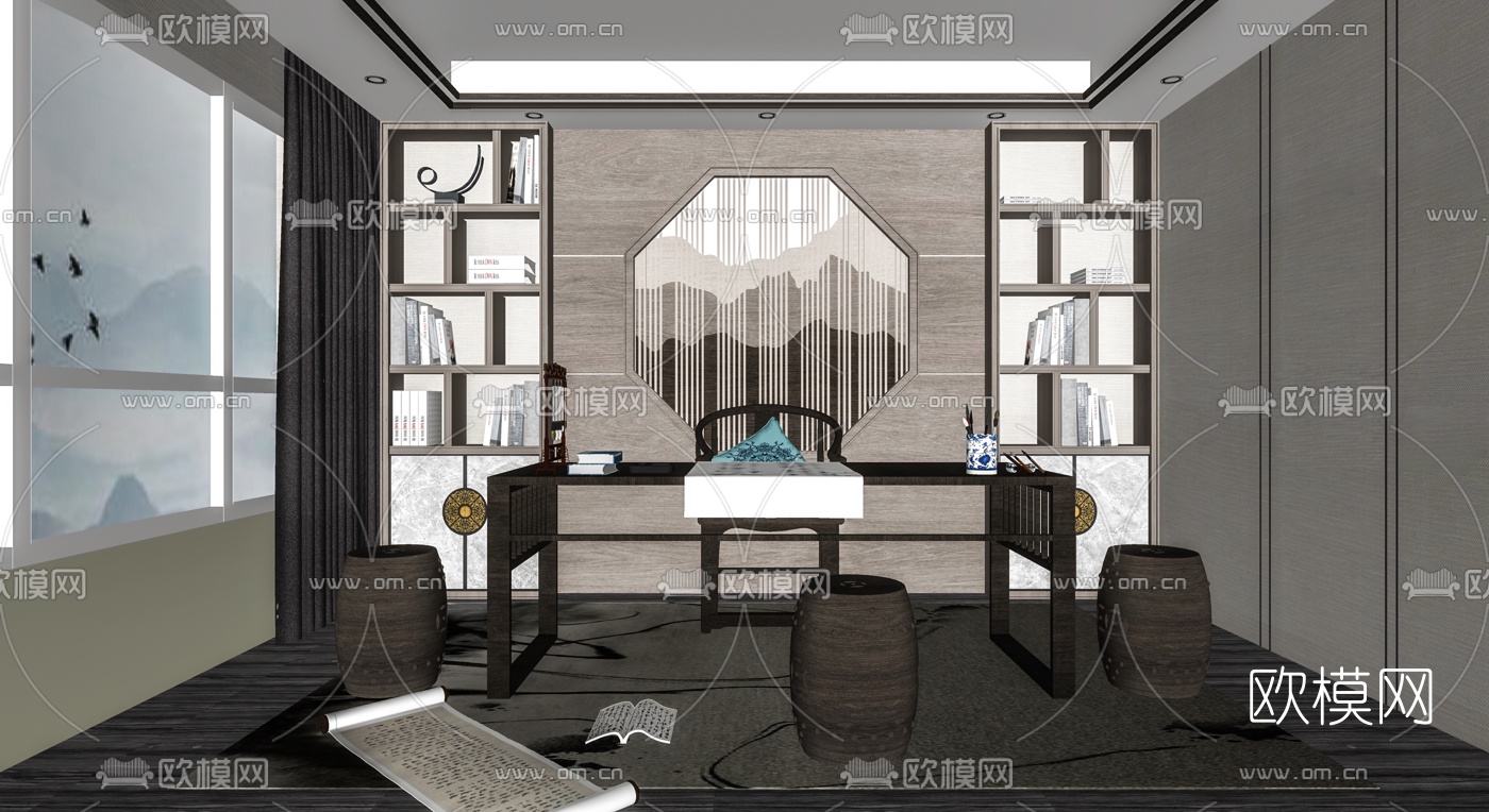 新中式书房su模型