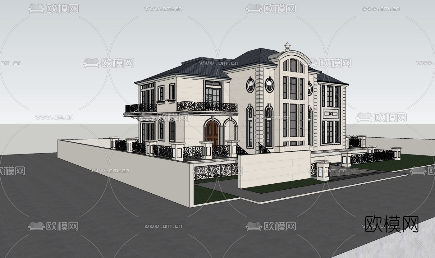 法式独栋别墅外观su模型下载（渲染图1）