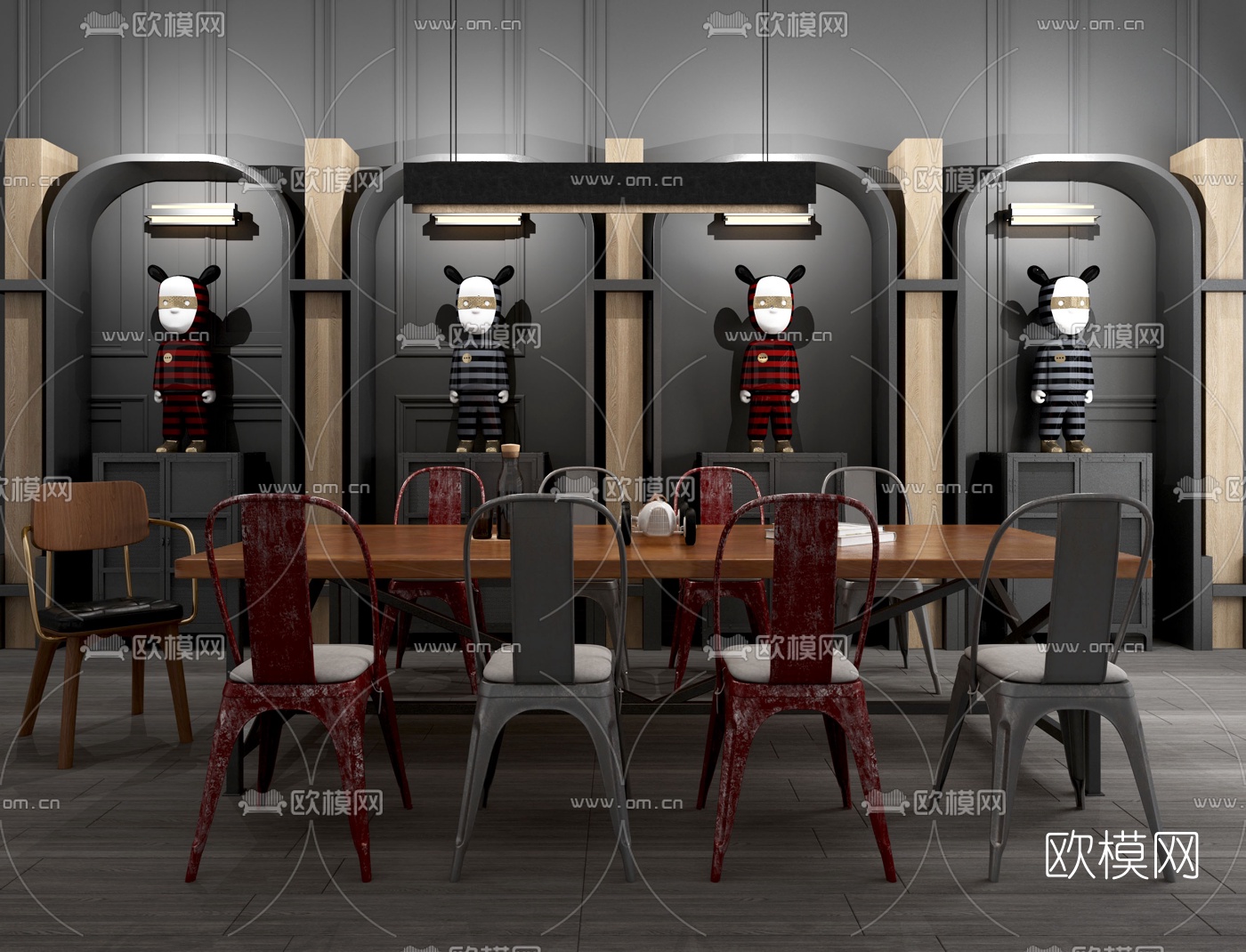 工业风实木餐桌椅3d模型下载