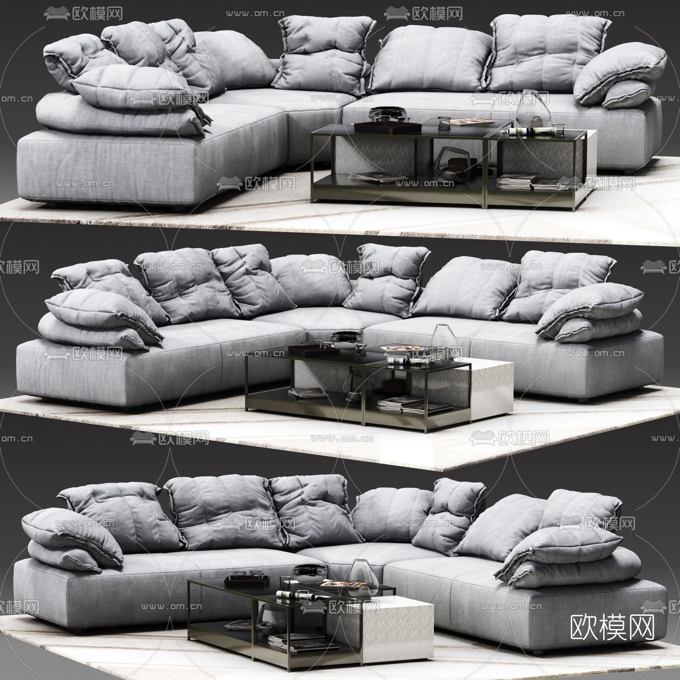 现代布艺转角沙发茶几组合3d模型