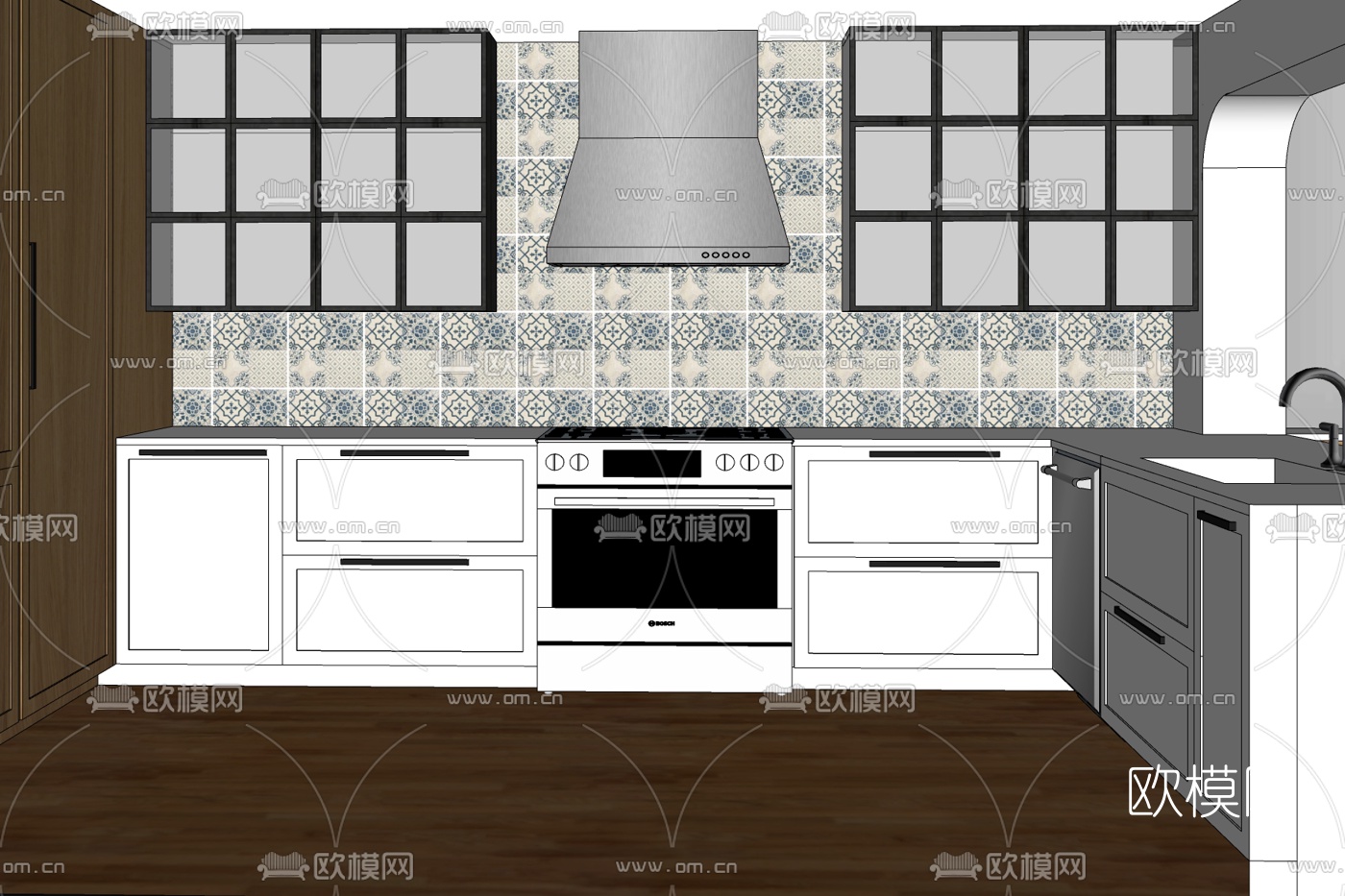 现代实木橱柜免费su模型下载