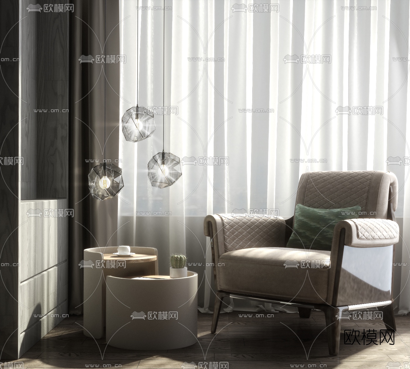 简欧布艺单人沙发3d模型下载