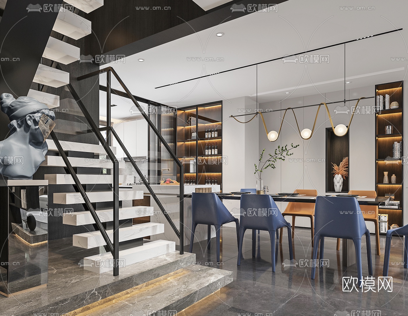 现代别墅客厅餐厅3d模型下载（渲染图4）