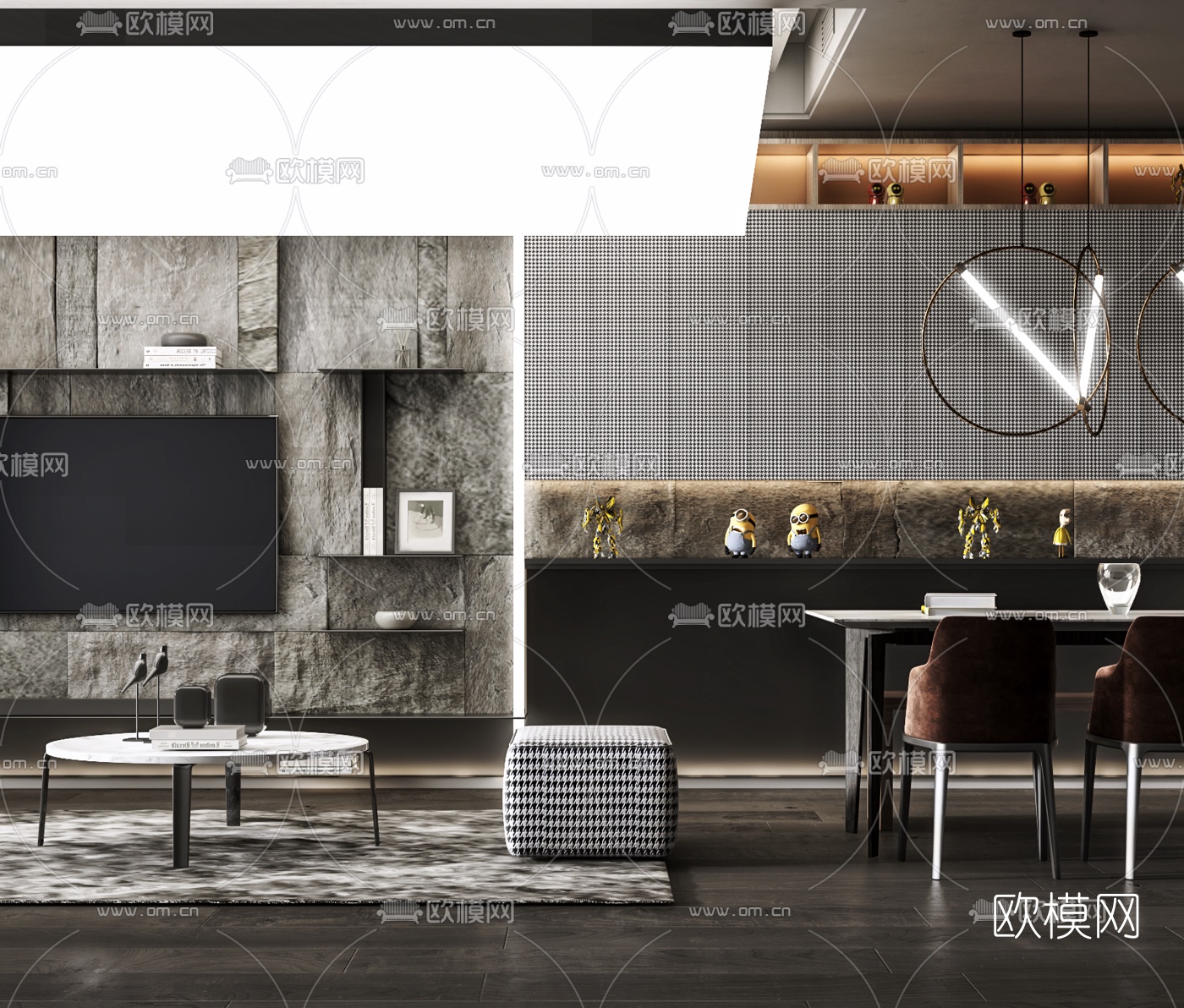 工业风电视背景餐桌椅组合3d模型下载（渲染图2）