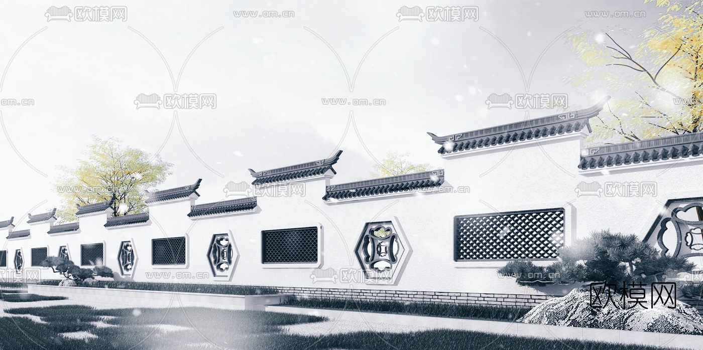 中式古建徽派围墙3d模型下载