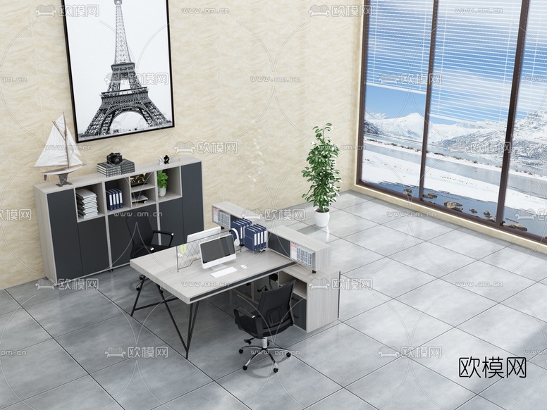 现代屏风卡位办公桌椅3d模型下载(渲染图7)