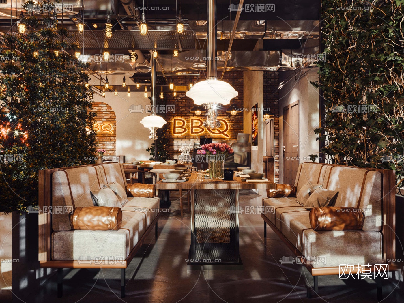工业风轻奢烧烤店3d模型下载（渲染图2）