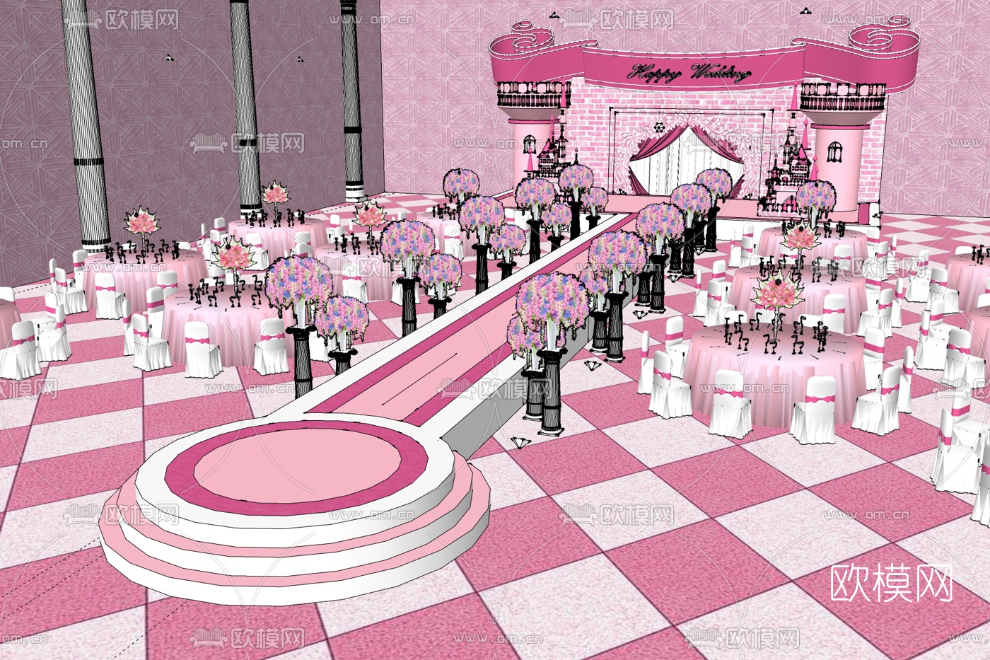 现代酒店婚庆宴会大厅免费su模型下载