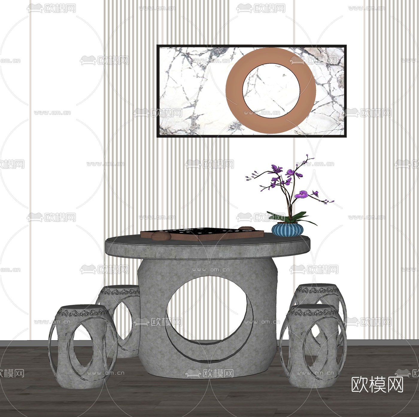 新中式石桌石凳su模型下载（渲染图2）