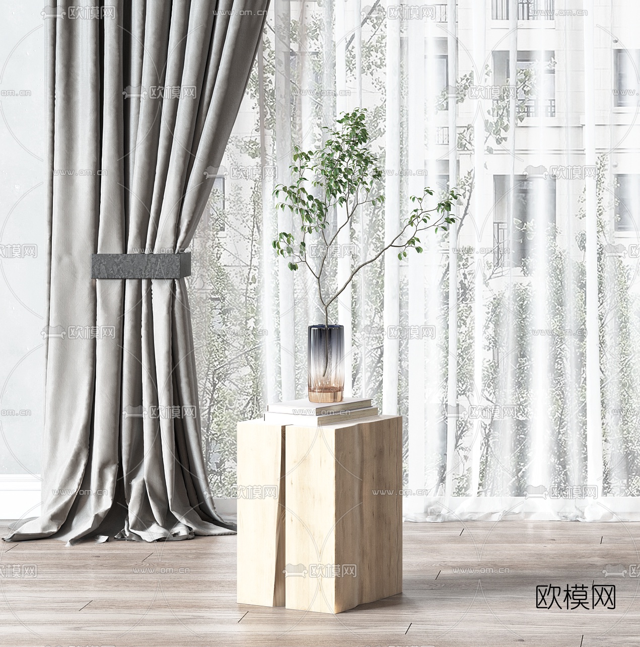 现代布艺窗帘3d模型下载（渲染图2）