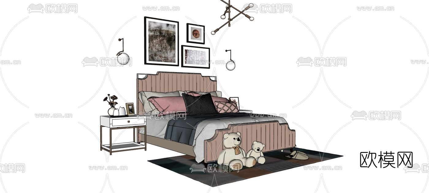 现代双人床su模型下载（渲染图1）