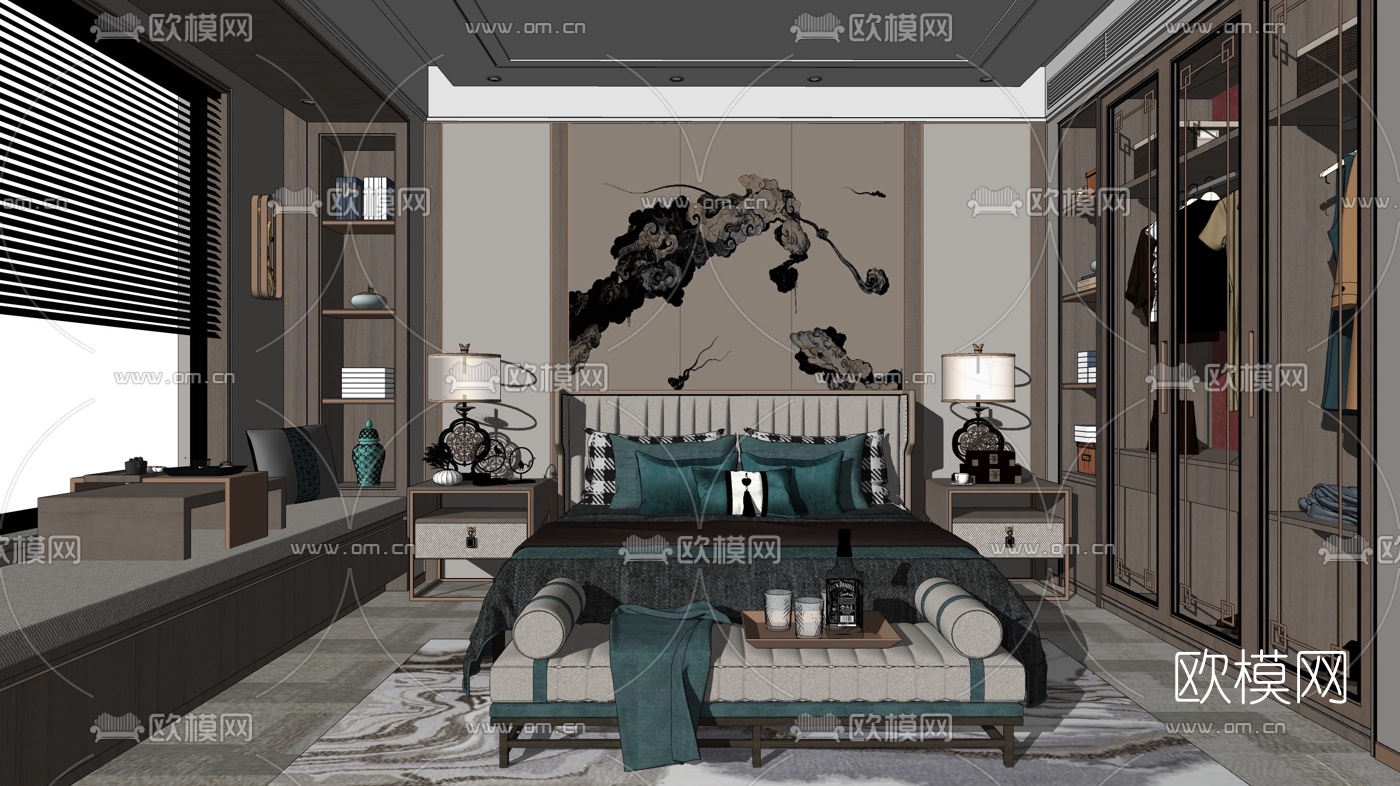新中式卧室su模型下载（渲染图2）