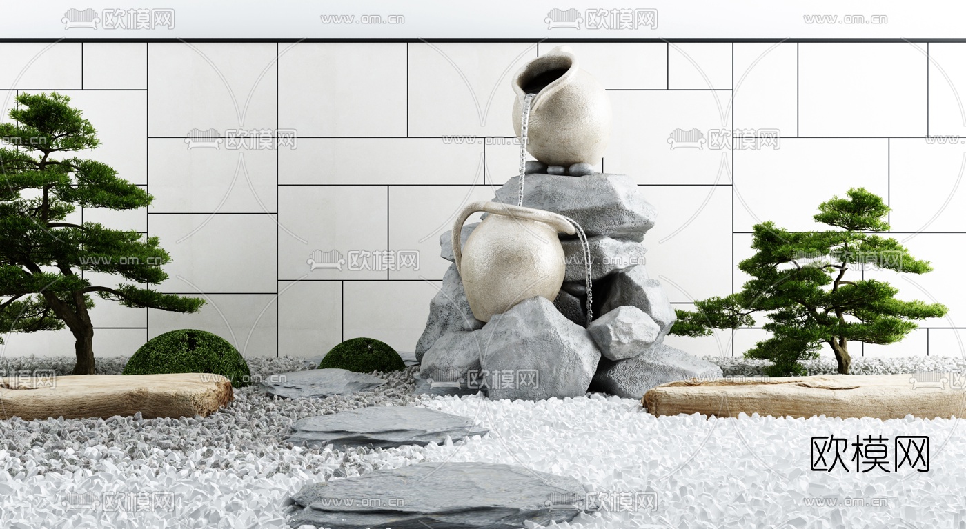 新中式叠水景观小品3d模型下载