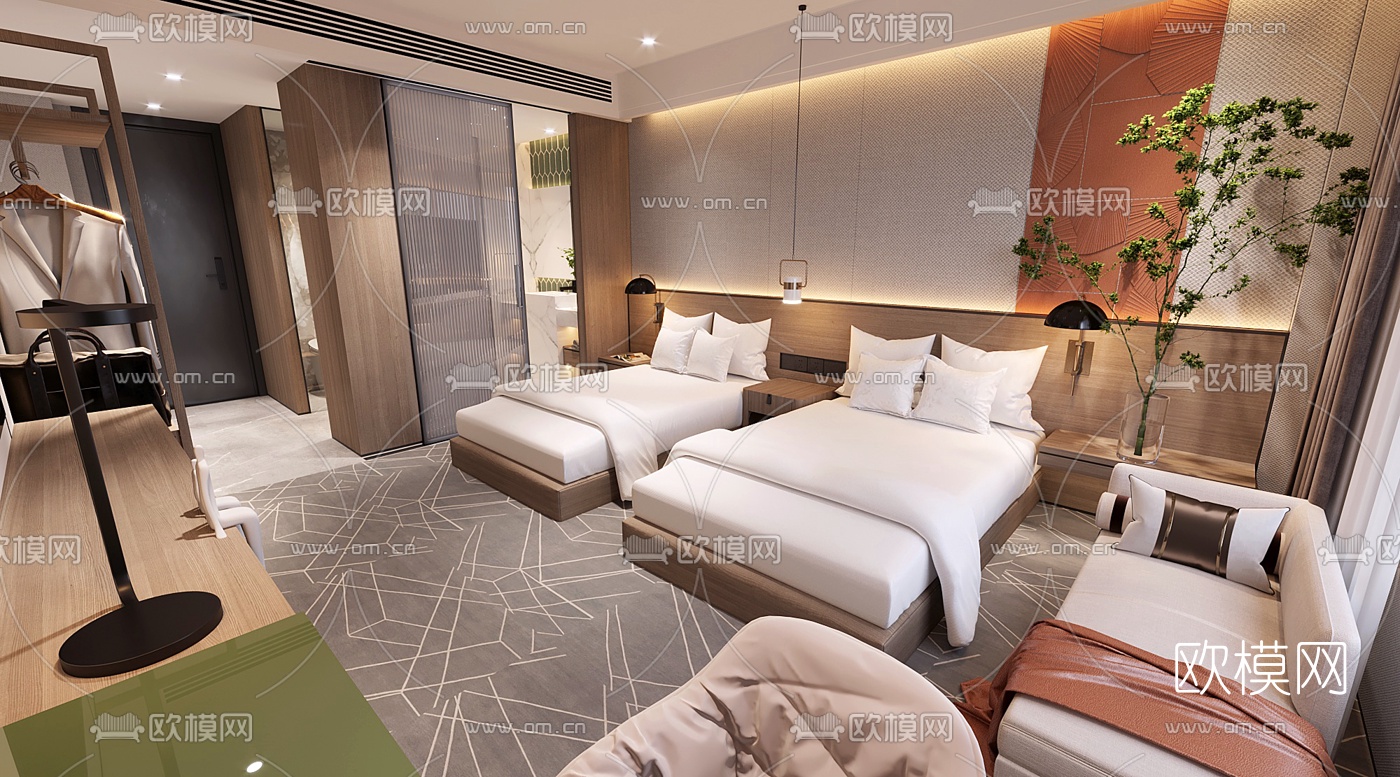 现代轻奢酒店双床客房3d模型