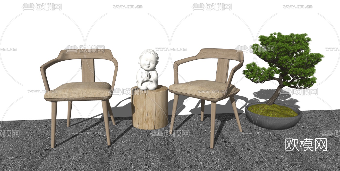 新中式实木休闲椅su模型下载（渲染图1）