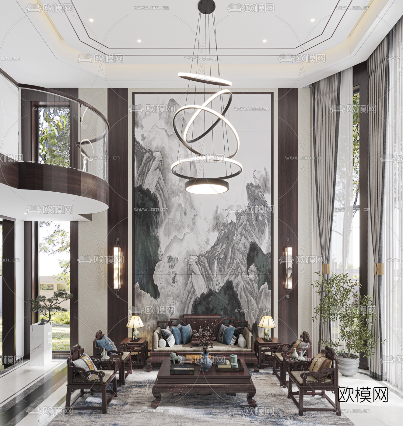 新中式别墅客厅餐厅3d模型