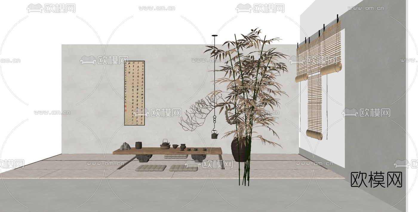 新中式茶桌椅su模型