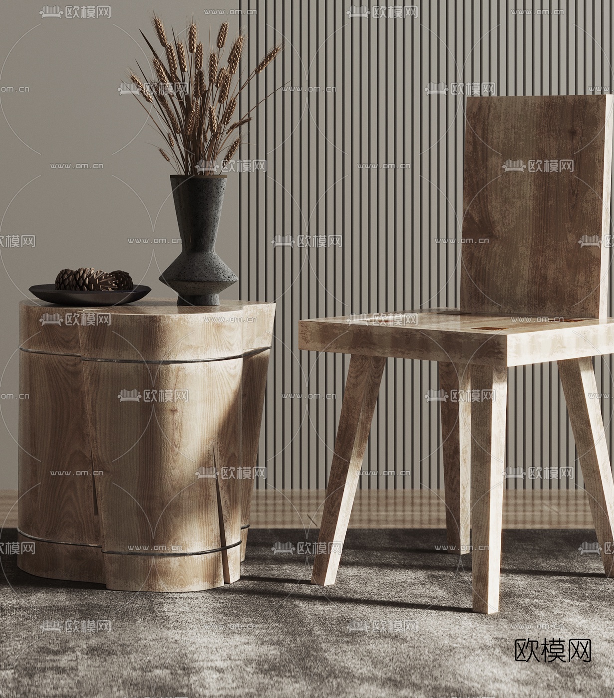 日式侘寂风靠背单椅3d模型下载（渲染图3）