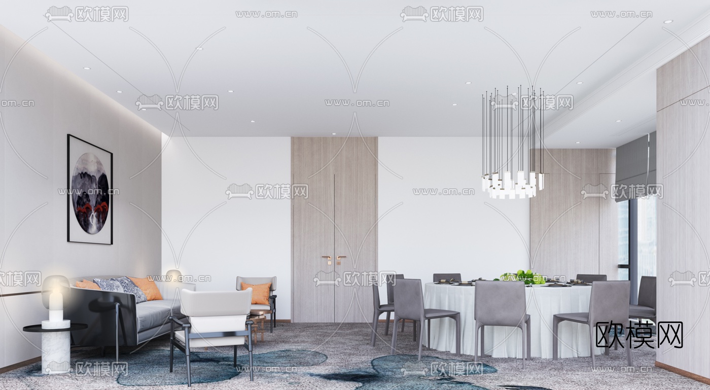 新中式餐厅包间3d模型下载（渲染图1）